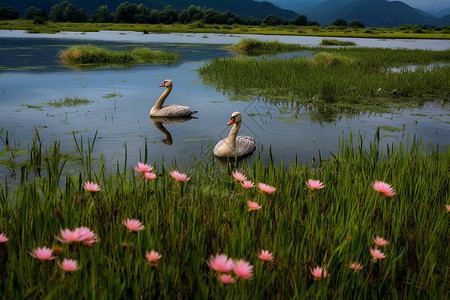甘南花湖中的白鹅背景图片