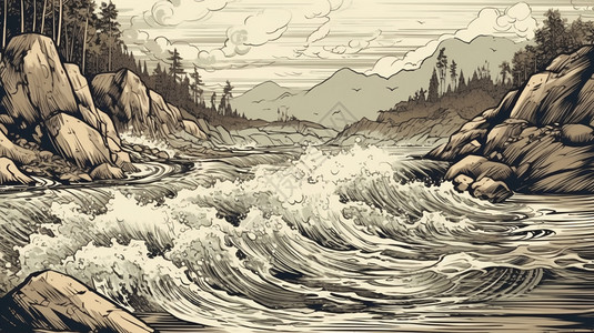 水墨风格的河流插画图片