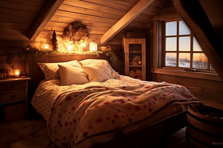 整木家居素材木屋温馨的卧室插画