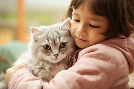 抱着小猫女孩女孩抱着宠物猫背景