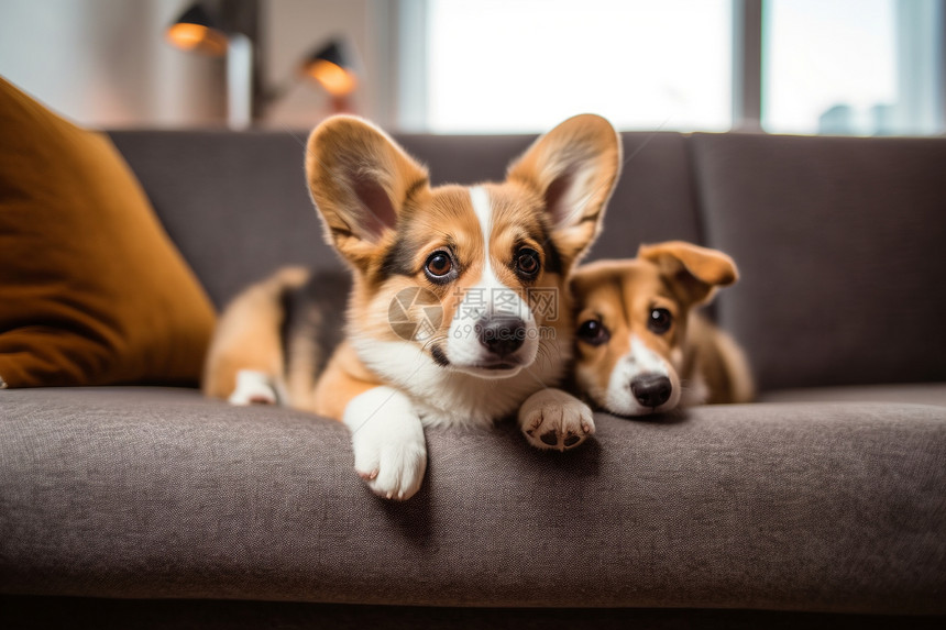 客厅沙发上的柯基犬图片