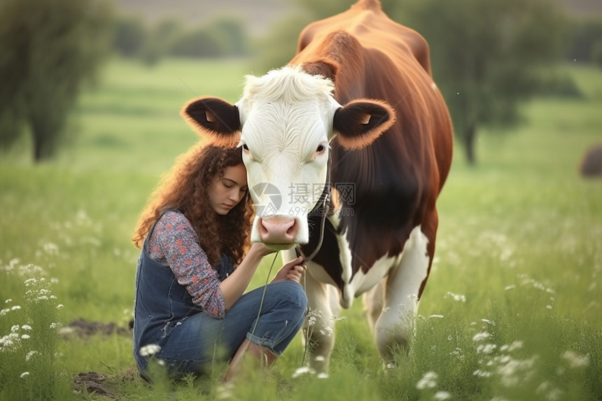 女人在田里牵着牛图片