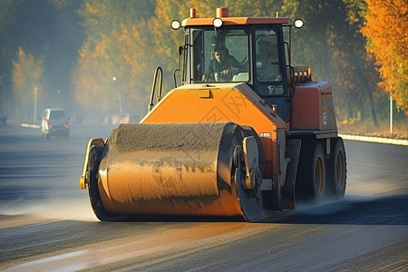 为道路施工的蒸汽压路机高清图片