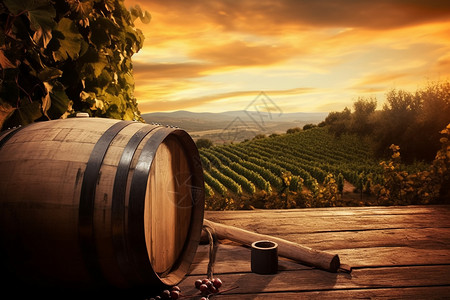 软木夕阳下的葡萄酒桶背景