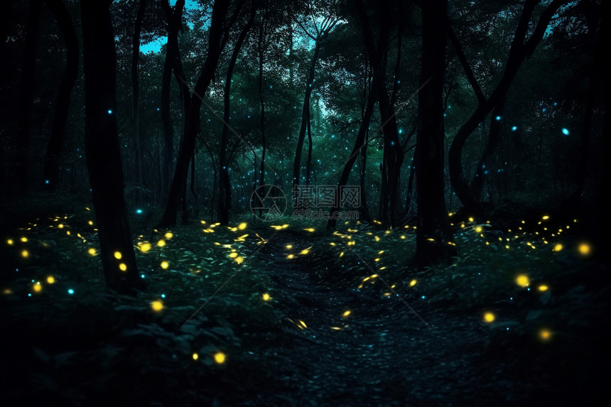 在黑暗的树林中闪闪发光图片