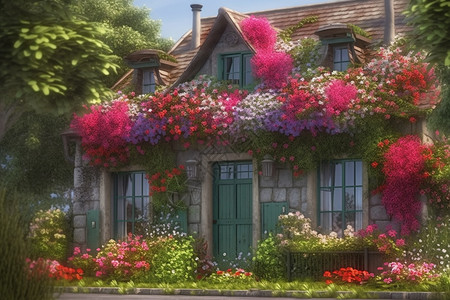 满是鲜花的房子图片