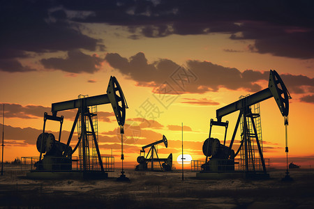 沙漠油田日落时分的石油钻机设计图片