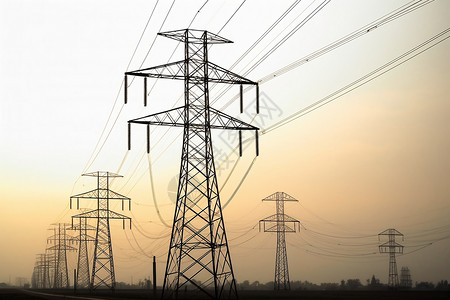 特高压输电日落时分的输电塔铁塔式高压电线设计图片