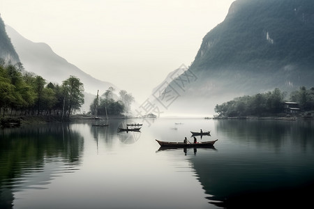 湖中飘着几页小舟背景图片