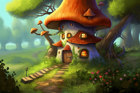 蘑菇装饰的小楼背景图片