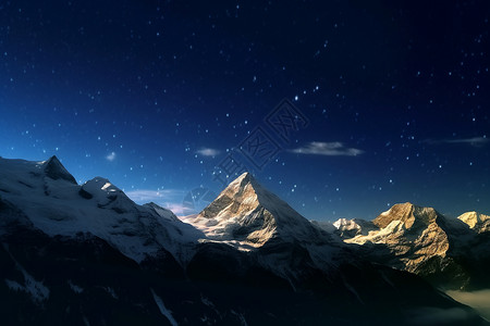夜晚雪山中的星空照耀高清图片素材