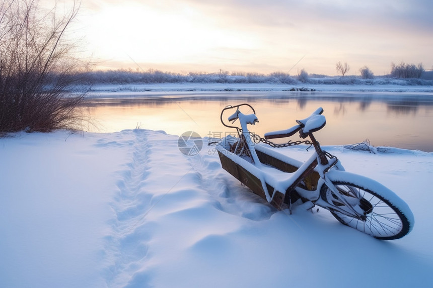 冬季河边雪地中的自行车图片