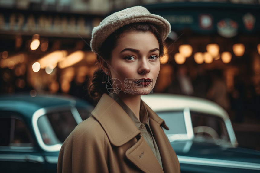女性模特站在街头咖啡馆前图片