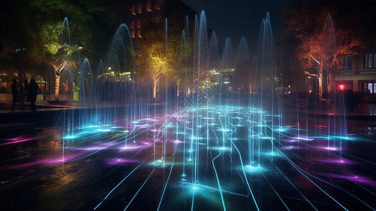 喷泉夜晚公园里的彩色喷泉设计图片