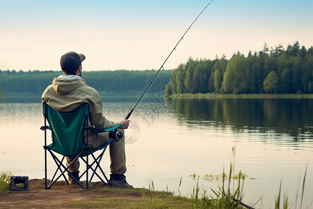 坐在湖边钓鱼的人高清图片