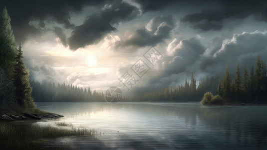 暴风雨前宁静宁静的湖景插画
