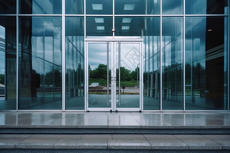 现代大厦入口处的玻璃门图片