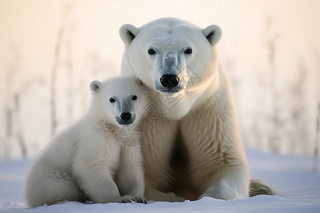 母子熊雪地上的北极熊母子背景