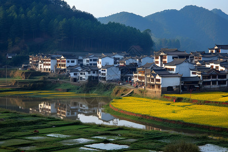 与建筑物间隙油菜花与乡村美景背景