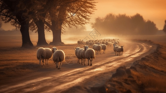 乡村道路上羊图片