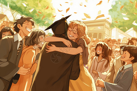 卡通毕业生拥抱家人插画背景图片