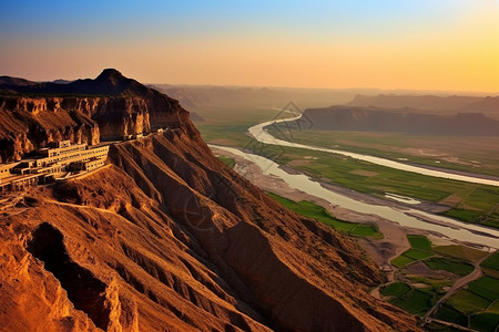 青铜峡黄河大峡谷壮丽的日落背景