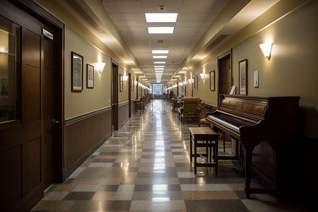钢琴复古素材带有钢琴的建筑走廊背景