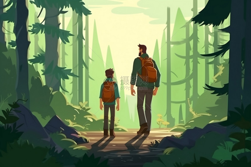 父亲和儿子在森林里散步图片