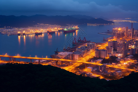 灯火通明的海港城市夜景图片