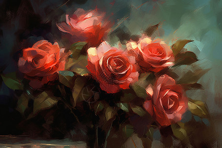 油画风红玫瑰图片