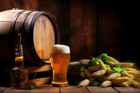 啤酒花桶装啤酒和小麦设计图片