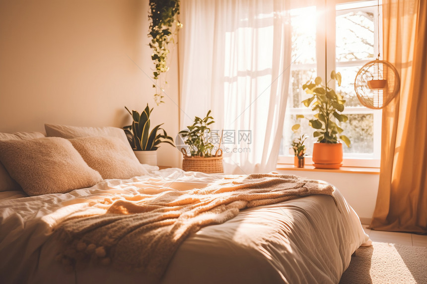 卧室中的阳光和舒适的床图片