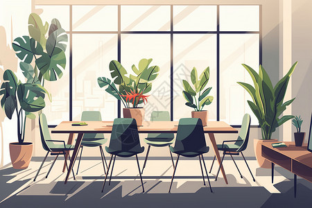 绿化室内会议室的盆栽植物插画