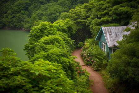 夏季湖边树木小屋图片
