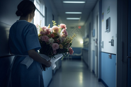 医院大门护士拿着一束鲜花背景