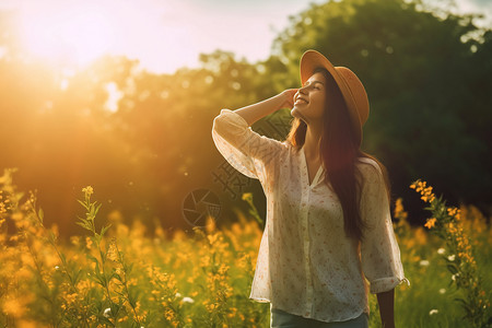 年轻女生在公园里感受春天背景图片