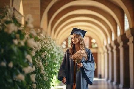 女毕业生举着鲜花学士帽高清图片素材