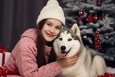 女孩和宠物庆祝圣诞节图片