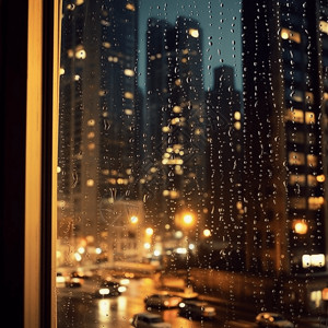 城市卡通窗外小雨城市背景