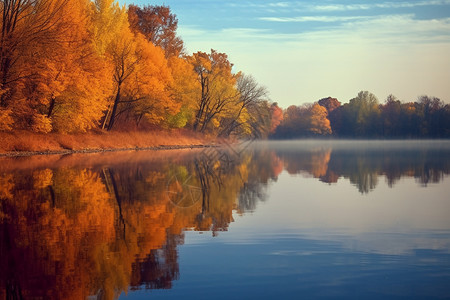 秋天宁静的湖水背景图片