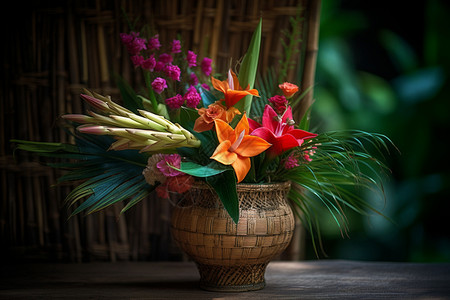 百合竹花瓶里的花朵背景