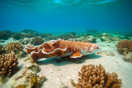 一条鱼在水下海底的珊瑚礁中游泳图片