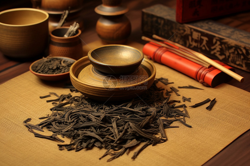 传统茶具里装着茶叶图片
