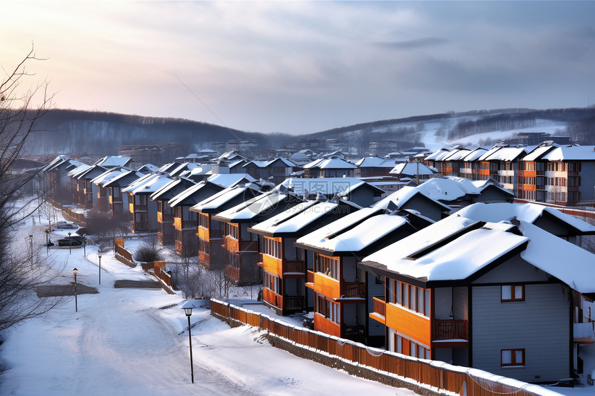 房屋的屋顶被雪覆盖图片