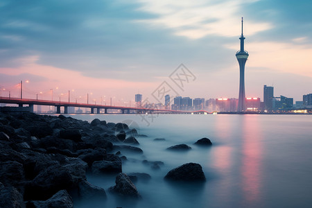 澳门景观澳门城市天际线的日落景色背景