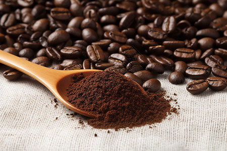 烘焙原料木勺上的咖啡豆和咖啡粉背景