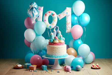 生日装饰气球生日蛋糕和装饰背景
