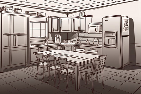 家装厨房厨房的餐桌设计插画