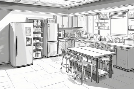 厨房黑白厨房的冰箱和装饰插画