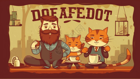咖啡吧猫爸猫仔温馨海报插画